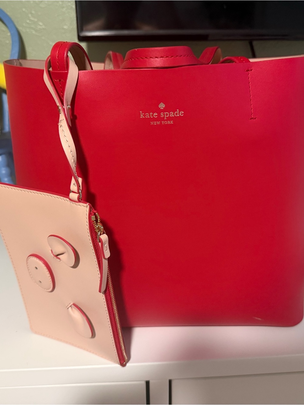 kate spade Red Leather Tote with Light Pink Detachable Pouch